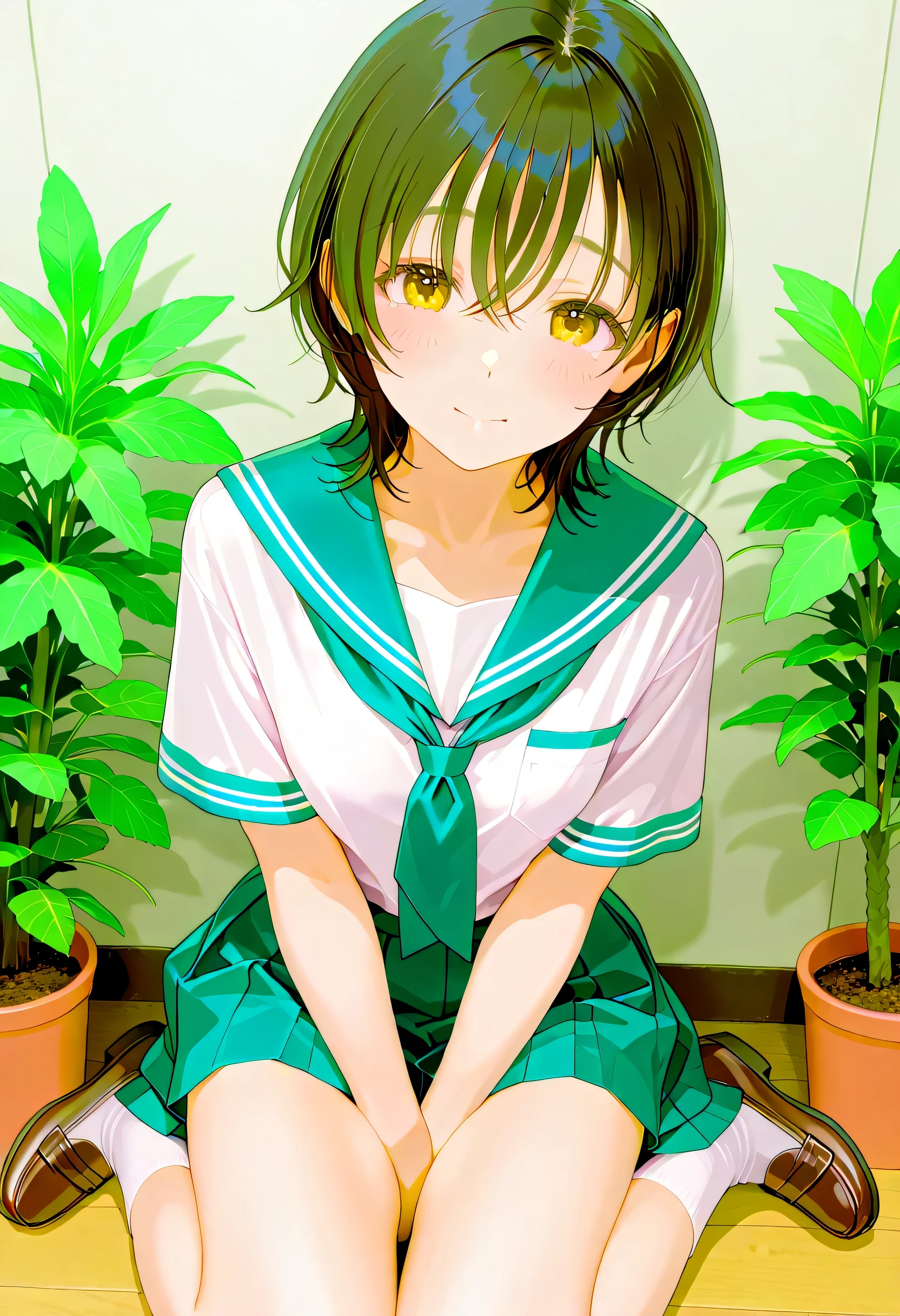 (plant、Masterpiece、Best Quality、high resolution:1.8)、high image quality、Best Quality、High definition picture quality 、one girl、summer、Outdoors、(Out立っている smile、open your mouth, laughs:1.2)、(curvy body:1.2)、black hair mixed with blond、Short Hair(neckline、Long pile )、unbelievably big huge breasts、sweats、 from yubi、black bra、Black Panties、blue-toned sailor suit(Short sleeve、Can you see through bras due to sweat、 skirt long)、white high socks、 coin loafers 、pose