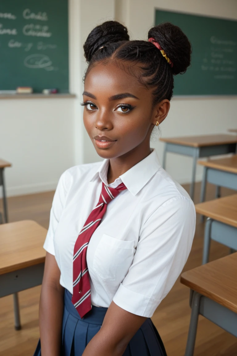 ​masterpiece, good quality, High resolution, 8k, volumetric lightning, Subsurface scattering, beautiful woman, dark skin, Filipino, College-Student, uniform, long sleeve, ((Decollete)), Rock, curly braids, classroom, sexy Pose, 3/4 shot, Cowboy-shot, Blouse open, legs open