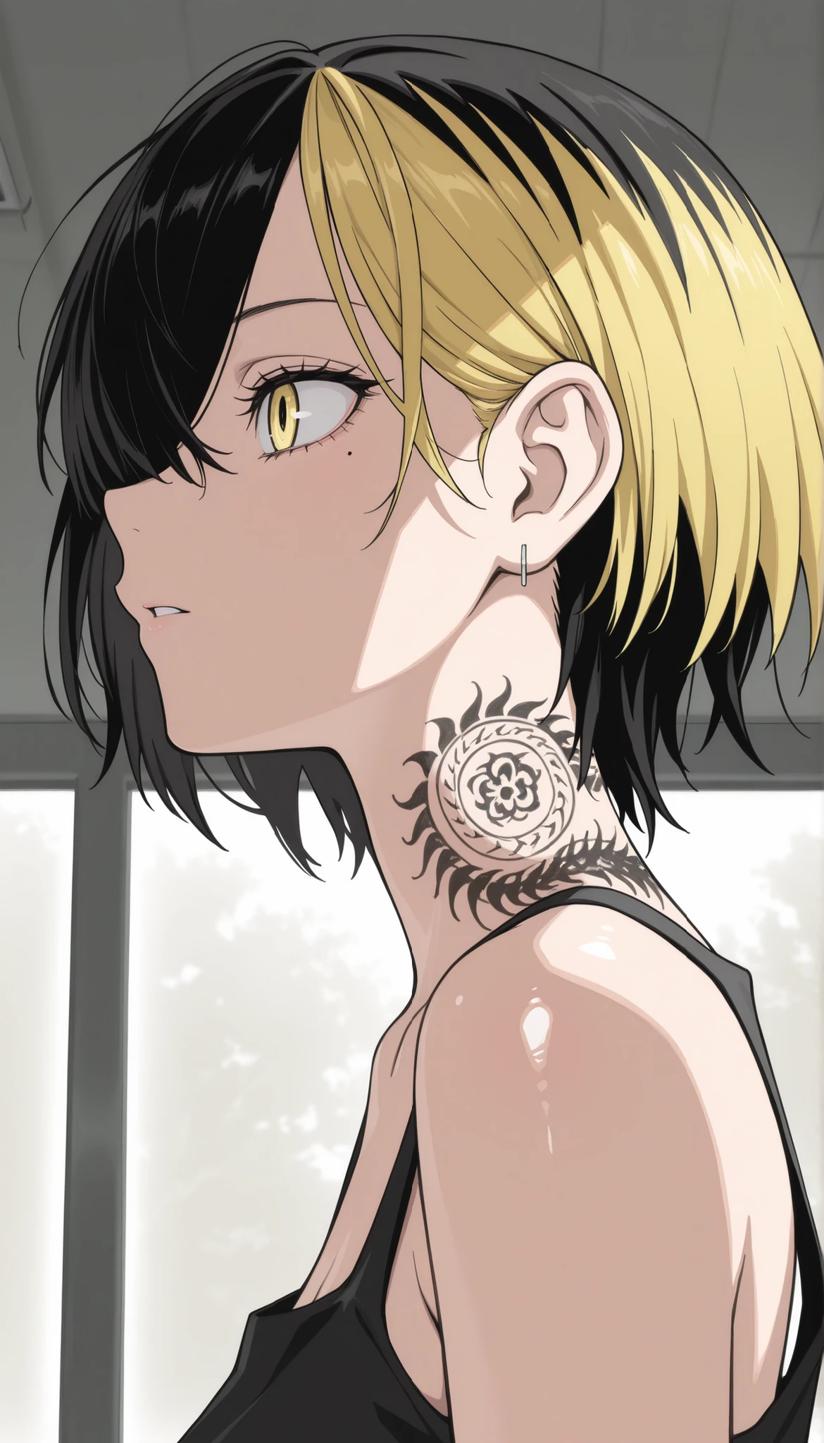 (masterpiece, best quality), best score, best anatomy, ultra deitailed, amazing quality, very aesthetic, realistic:1.4 absurdres, highres, 2024, newest, HDR, 8K, high detail RAW color art, high contrast, large pupil, eyelashes, shiny skin,
1girl, kazutora_hanemiya, blonde hair, yellow eyes, short hair, multicolored hair, two-tone hair, black hair, hair over one eye, bangs, tattoo, neck big tattoo, mole, mole under eye, side view, forced perspective, ((low angle)), Ikki-Illu