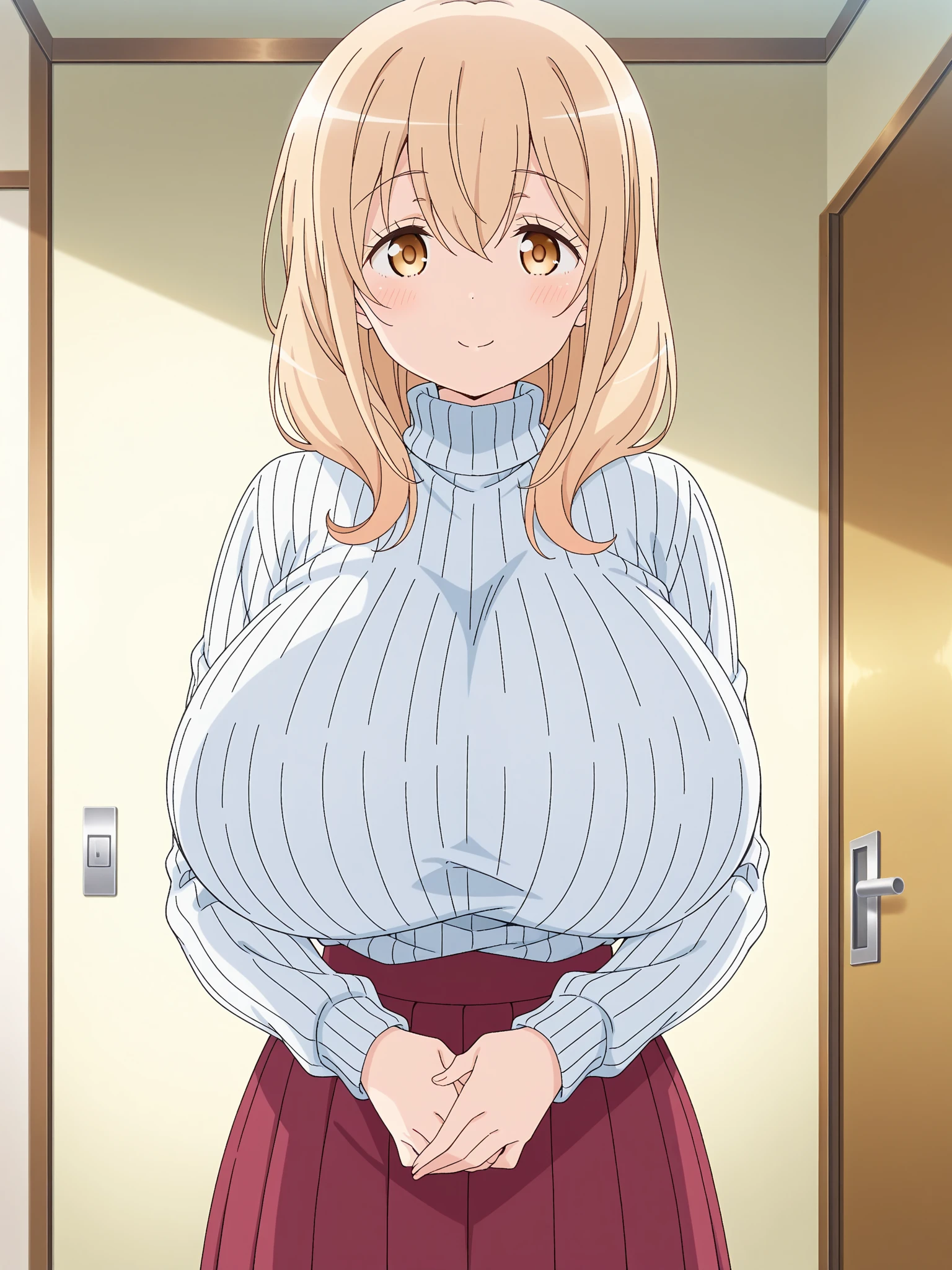 ((Highest quality)), ((masterpiece)), (detailed), One person,Age 25,(Black knit sweater),(mini skirt),Shoulder Bare,Big Breasts,blush,Underbust,(Her cleavage is visible),(Excited expression),(Seduce),night,indoor,Remains,nightのRemains,Dim lighting,(In a dimly lit room),(In a messy room),Browsing Caution,sexy,dirty,Sweat,(Black knee-high socks),(Hold your chest together with both hands),(Sticking out tongue),(A long ice cream sandwiched between her breasts),(The mouth becomes white and dirty)