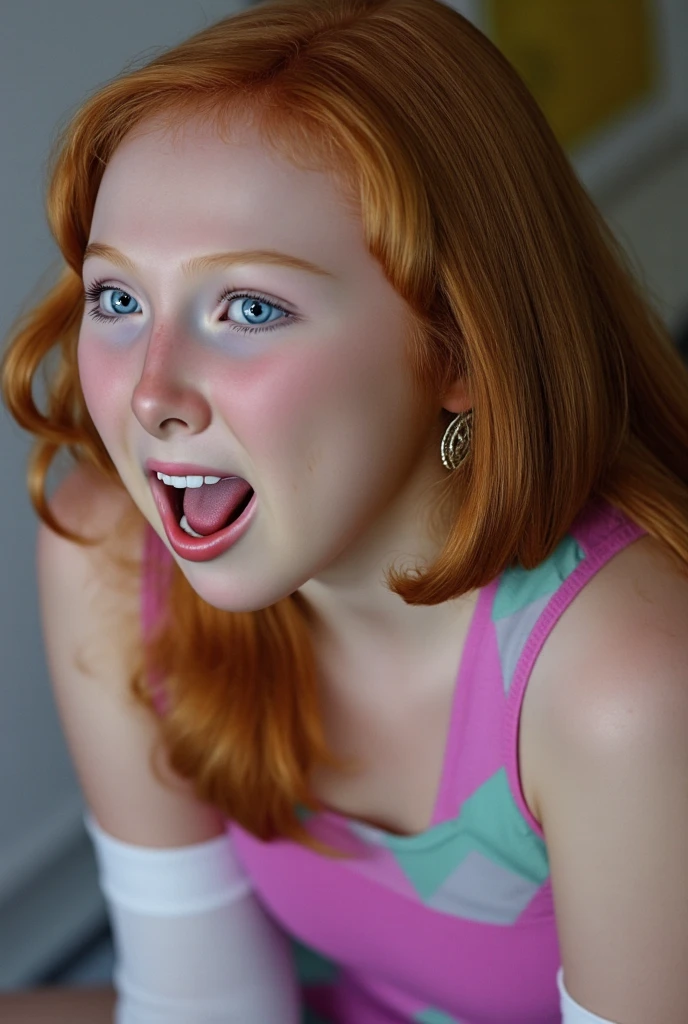 Year: 2012. Location: North River Heights, Manhattan. pre-raphaelite 10-year-old redhead girl, in class, only face view, zoom in, open mouth, teeth, tongue out, shy, saliva in mouth, saliva from mouth, head up, looking up, sexy, 