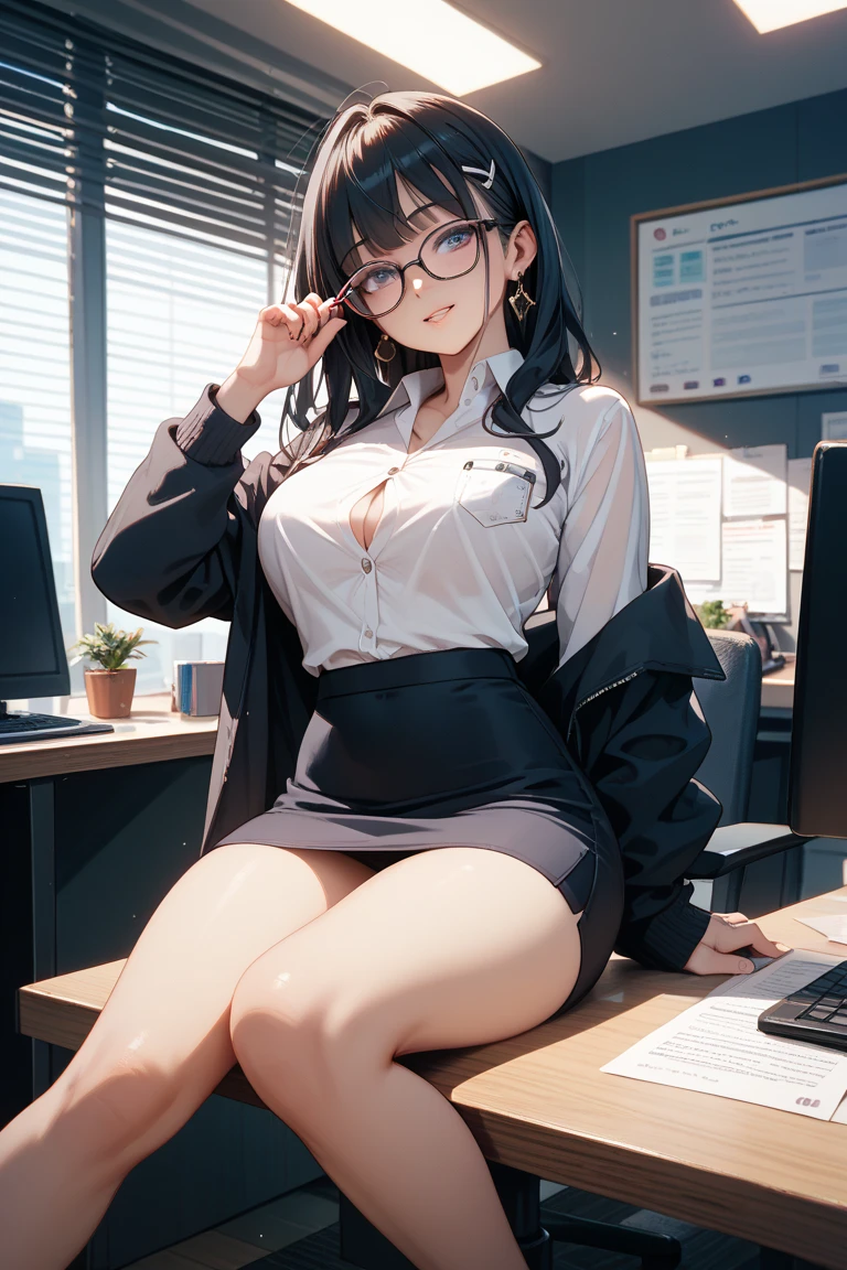 Browsing Caution, アニメ、Highest quality、Unity 8k wallpaper、32k、masterpiece、Ultra-detailed、Ultra-high resolution、(Natural soft light)、(Very detailed and complex)、Beautiful face and eyes in every detail、Sharp pupils、smile、High heels、Woman in skirt and shirt sitting on the desk, office服, on the desk, Sit at a desk, Sitting at a desk,Bent knees、Spread your legs、Spread your legs、Panty shot、 Business casual attire, Sexy、Business Attire,office, At work, Wearing glasses, Fully clothed, business attire, Embarrassing, smile、business suit、Cleavage、Sexy