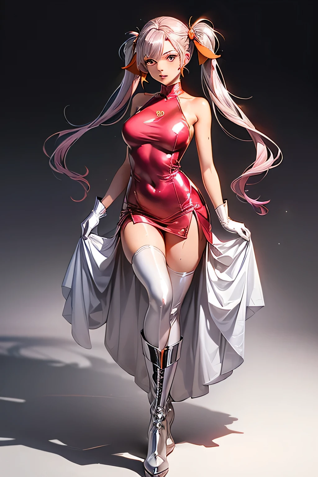 ((full_body))、Cute Woman、red_background、big_breasts、Detailed_skin、Detailed_Eye、Detailed_hair、(nurse_custom)、POP、vivid、smile、sexy_pose、フィギュア、服がはだけている