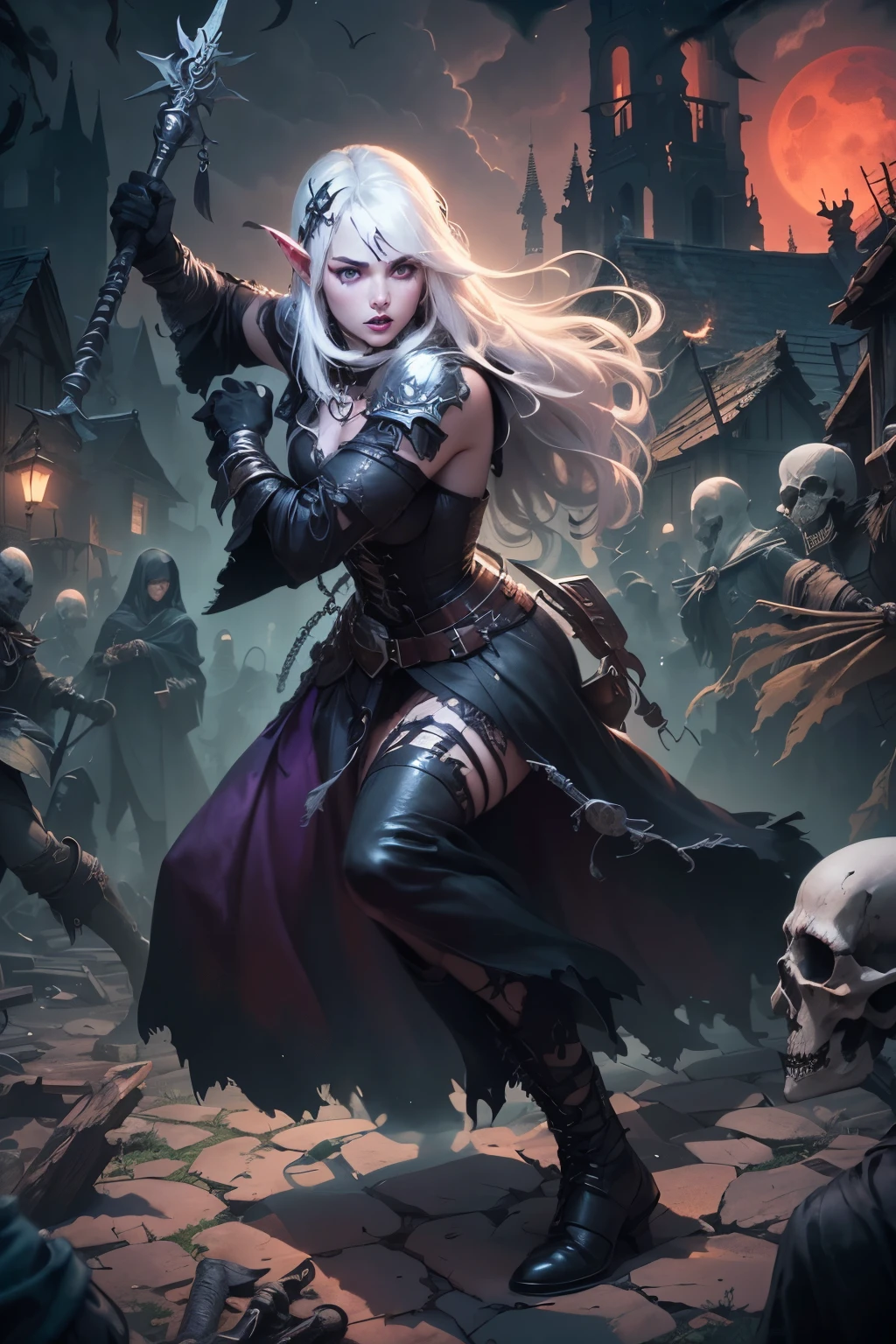 (Ultra-detailed face, Looking Away, Gothic Illustration, Dark Tone Colors.) , BREAK
(The night sky with the red moon shining eerily. A decaying cemetery in an abandoned medieval European village. Black gas drifts in the air. Eerie. Terror.) , BREAK
(In the center of the graveyard, a female dark elf cleric strikes a bold pose and in one large motion, attacks an undead with a silver mace in her hand. Speedline. She is surrounded by zombies, skeleton warriors, ghosts, wraiths, and lichs who are about to attack her.) , BREAK
(A dark elf female cleric wears a Venetian mask, white hair and white eyebrows, crisp bangs, shoulder-length wavy hair, small pink lips, lavender eyes, dark purple skin, and eyeliner.), (She wears a shiny black bib necklace with a net covering her neck. She wears a jet-black, classic medieval European-style lace-up dress made of several layers of cut cloth sewn together. She wears soft leather short boots and taped shins.)