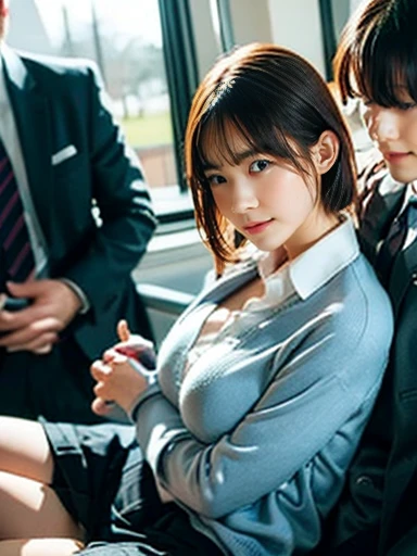 (realistic、Like a photograph、live action、8k, Photoreal, RAW photo, best image quality: 1.4), Single-lens reflex camera、RAW photo, highest quality, realistic, Highly detailed CG Unity 8k wallpaper, Depth of written boundary, cinematic light, Lens flare, ray tracing, realistic background、(school uniform:1.4、shirt、pleated skirt、cleavage:1.37、big breasts、abs、skirtlift:1.2)、((super dense skin))、 1 girl,cute japanese girl、Japanese high school girl、((whole body:1.5)、look forward、looking at the viewer:1.1、upper glance、embarrassed expression、i like the style、Snazzy、Super detailed、pay attention to details、shortcut、hair arrangement、hair up、perfect costume、(white skin)、(whole bodyが見えます)、beautiful feet:1.1,sit on a train seat、View from the front、thighs、Panty shot