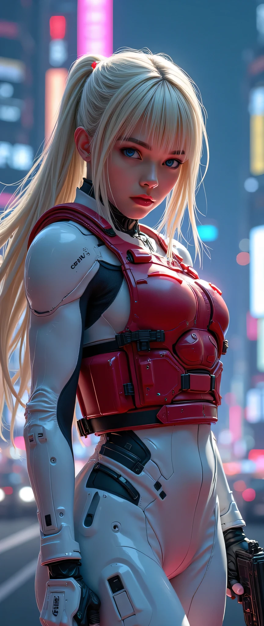  in high-definition images、(masterpiece、 exceptional quality 、Like a mirror、 cinematic experience 、very detailed、)、8k、wallpaper、(Best Illustrations:2.0)、(one woman:2.0)、(Motoko Kusanagi:2.0)、(a world view like Ghost in the Shell:2.0)、(white tactical bodysuit:2.0)、(heavy red bulletproof vest:2.0)、(white gloves:2.0)、(long hair per person)、(beautiful eyes)、(detailed face)、(detailed drawing of a woman's hand:2.0)、(blonde)、(How she shoots、a handgun facing us):2.0)(The background is Tokyo、where science and technology developed:2.0)、(a handgun with a laser pointer under the muzzle:2.0)、(please point the red laser pointer on the pistol:2.0)