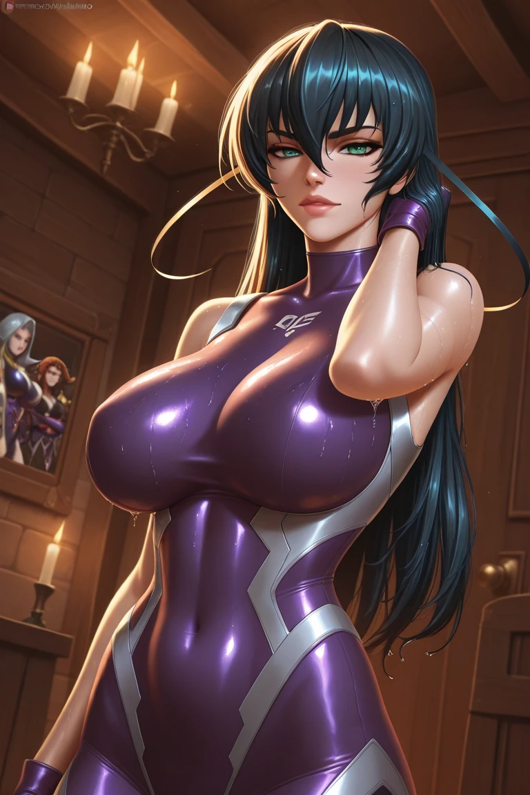 (Highest quality,4K,8K,High resolution,masterpiece:1.2),Super detailed,(Realistic,photoRealistic,photo-Realistic:1.37),beautiful girl,long and straight hair,fit,
Super detailed armpit,Beautifully detailed sweat glands,Smooth skin texture,Carefully drawn,
(Sleeveless purple bodysuit, A shiny silver lining), (Sweaty body:1.2), (Fascinating face:1.2), Dirty face、blush