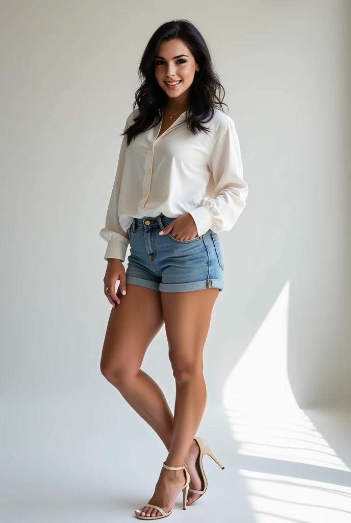 (full body), (standing against a white wall), a 40 year old woman looking into the camera, long wavy hair, detailed beautiful face, slightly smiling, white tee shirt, denim short shorts, athletic legs, cleavage, action shot, glasses, empty office background, daytime, photo realistic, CG, art station, masterpiece, HD photography