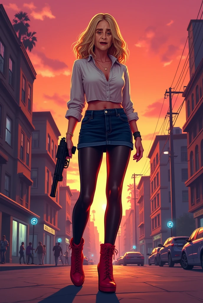 (masterpiece, best quality), 1girl, (oversized leather jacket), navel, thick thighs, shorts, ((intricate, dappled sunlight, poster)), long hair, wavy hair, blonde, head tilt, wide hips, , street, (((looking down))), , sciamano240, soft shading, detailed, semi-realistic, smirk, sultry look, seductive,