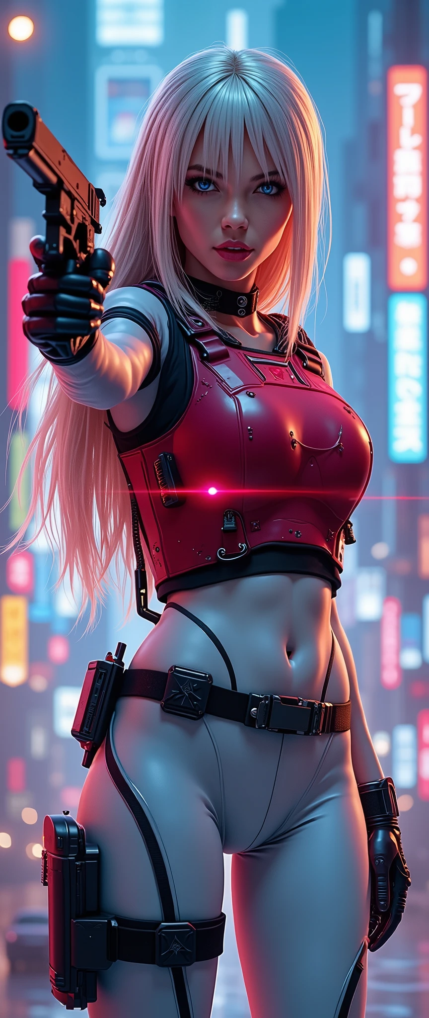  in high-definition images、(masterpiece、 exceptional quality 、Like a mirror、 cinematic experience 、very detailed、)、8k、wallpaper、(best illustrations:2.0)、(one woman:2.0)、(Motoko Kusanagi:2.0)、(world view like Ghost in the Shell:2.0)、(white tactical bodysuit:2.0)、(heavy red bulletproof vest:2.0)、(white gloves:2.0)、(long hair)、(beautiful eyes)、(Detailed Faces)、(detailed drawing of a woman's hand:2.0)、(blonde)、(How she shoots、a handgun facing us):2.0)(The background is Tokyo、where science and technology developed:2.0)、(a handgun with a laser pointer under the muzzle:2.0)、(please point the red laser pointer on the pistol:2.0)