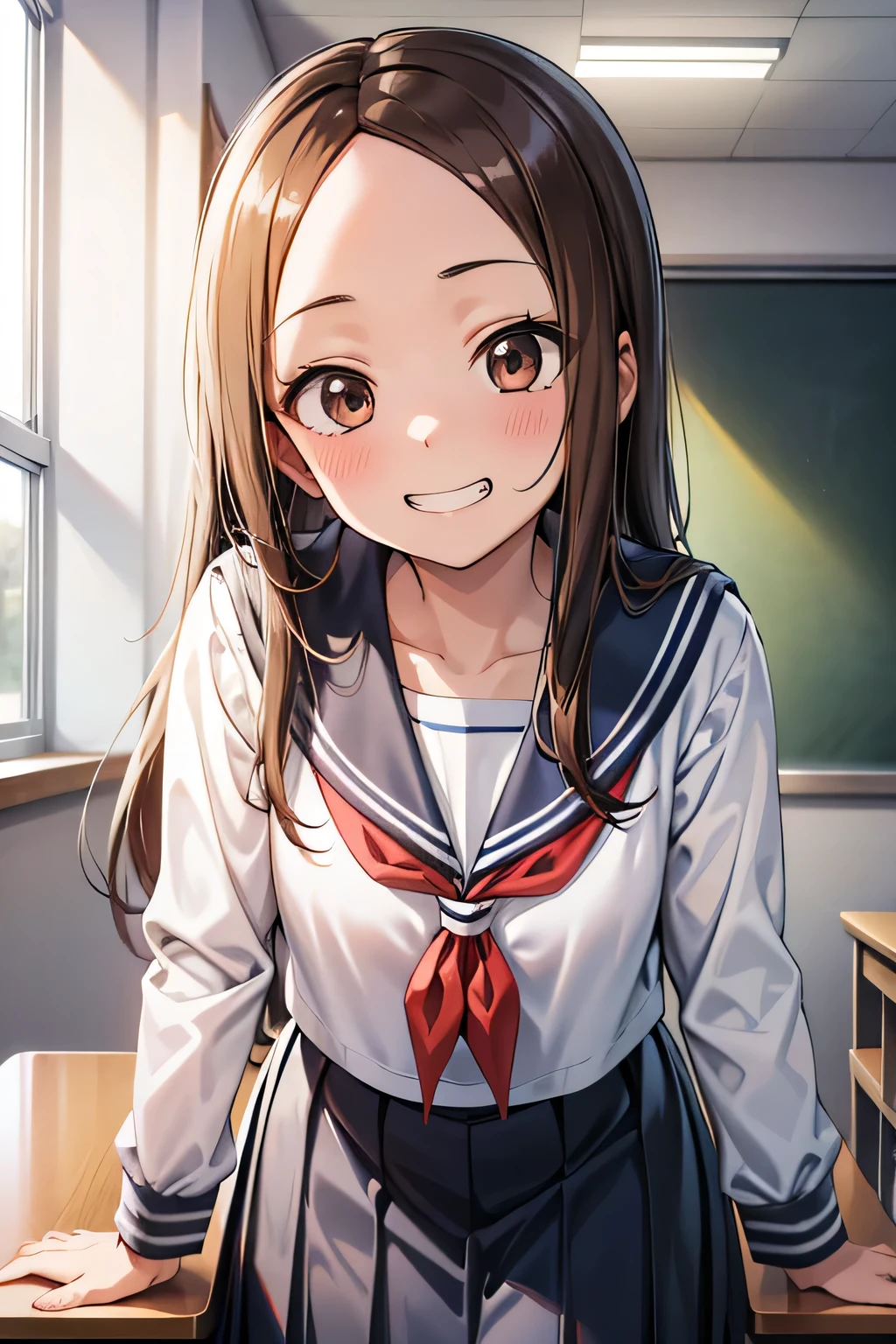 pov, 1girl, teasing grin, leaning forward, face close to viewer, aatakagi, long hair, sailor collar, red neckerchief, sailor shirt, white shirt, long sleeves, pleated skirt, blue skirt, classroom (absurdres, masterpiece, 8K)