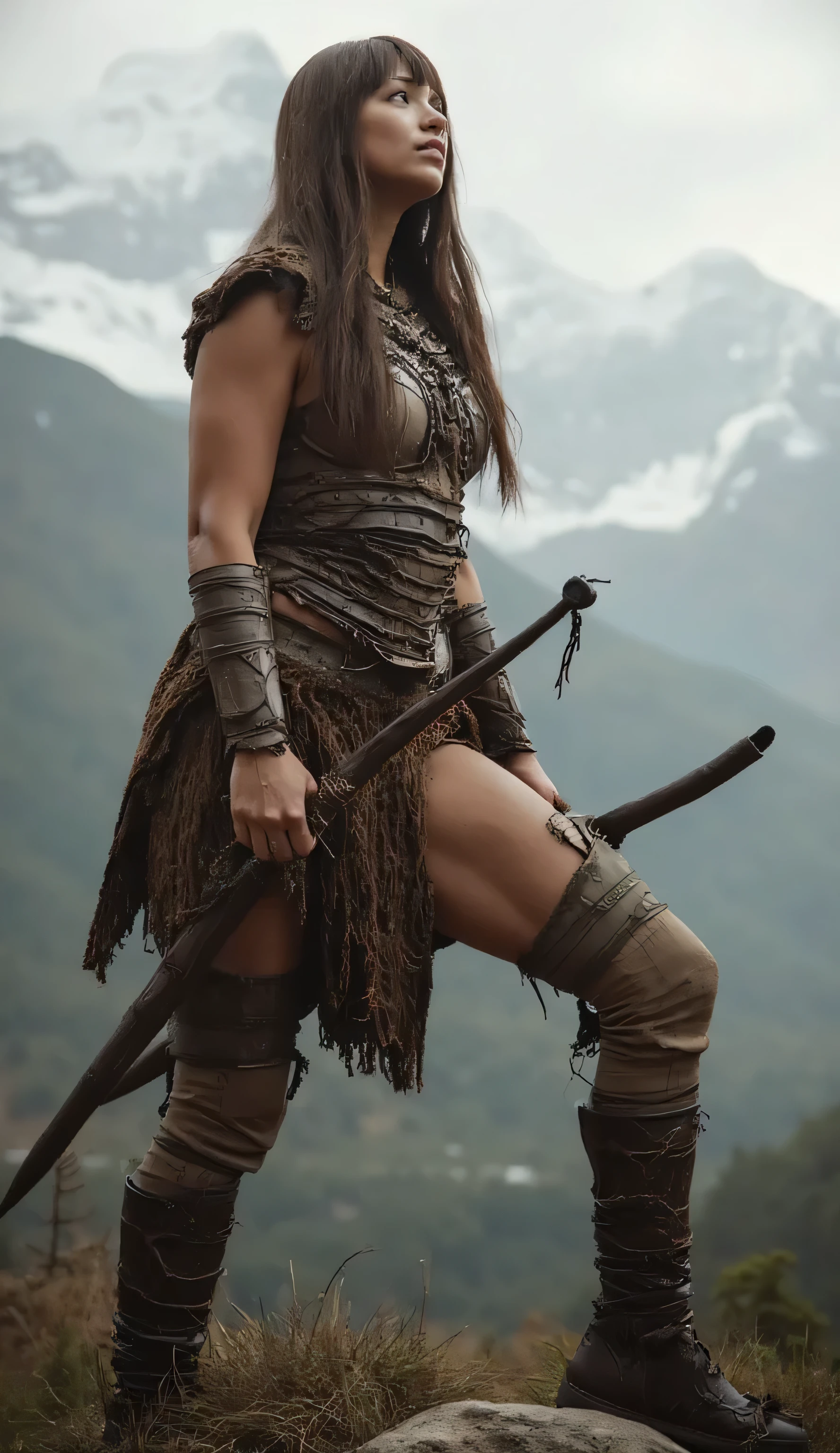 
Create an image with the following characteristics: Ultra-real photograph of a prehistoric warrior woman, ancestral, untamed ,  musculosa, bottom: Enchanted Forest, activity: climbing a mountain, image quality: Realistic photo,, Emotional state: challenging, energy: high,  Size: big,  Structure :  Structure do, Vibrate: epic,  camera angle :  Enveloping perspective , Camera angle position:  Take , Lens configuration: Lente 50m, Light type: soft ambient light