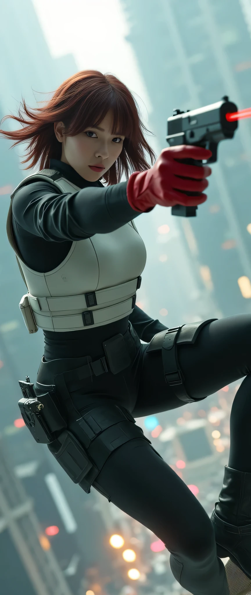 in a high-definition image、(masterpiece、 exceptional quality 、 Cinematic images、very detailed、shooting a gun while falling from a building )、shot at a slightly distance、 (best image)、 (one woman:2.0)、 (a world view like Ghost in the Shell:2.0)、 (black tactical bodysuit:2.0)、 (heavy white bulletproof vest:2.0)、 (red gloves:2.0)、 (long hair)、 (beautiful eyes)、 (detailed face)、 (detailed drawing of a laser gun in a woman's hand:2.0)、 ( maroon hair)、 (How to shoot her、 handgun facing us):2.0) ) (The background is Neo Tokyo)、science and technology development:2.0、(a handgun with a laser pointer under the muzzle:2.0)、(point a laser at the pistol:2.0)