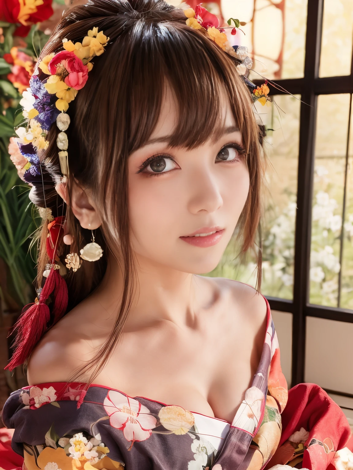 (One young girl), Very Cute Face, amazing face and eyes, (very elaborate eyes, very detailed face), Fresh, very beautiful figure, (超realistic, high resolution), (Best Quality:1.4), RAW photo, (realistic, Photorealistic:1.37), professional photo, (Floral Yukata:1.5), (Open yukata), (Chest:1.2), (bare shoulder), laugh a little, (look at me), bedroom, Portrait of a Girl,