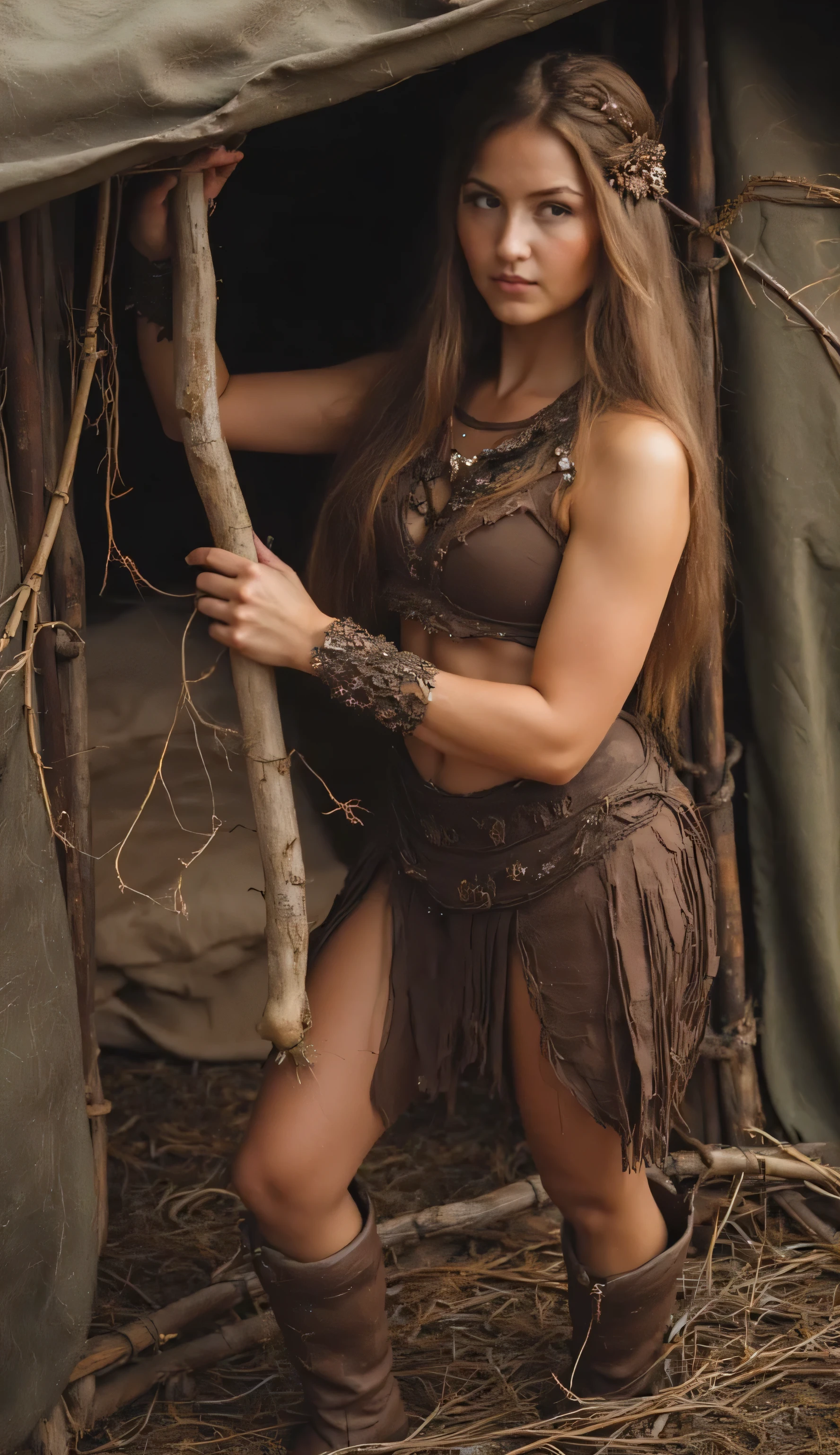Ultra-real photography of a prehistoric, ancient, untamed, muscular warrior woman, Background: Fairytale setting, Activity: Building a makeshift shelter, Image quality: Photo realistic, Emotional state: Challenging, Energy: High, Size: Large, Structure: Structured, Vibe: Epic, Camera angle: Surround perspective, Camera angle position: Over the shoulders shot, Lens settings: 50m lens, Light type: Soft ambient light