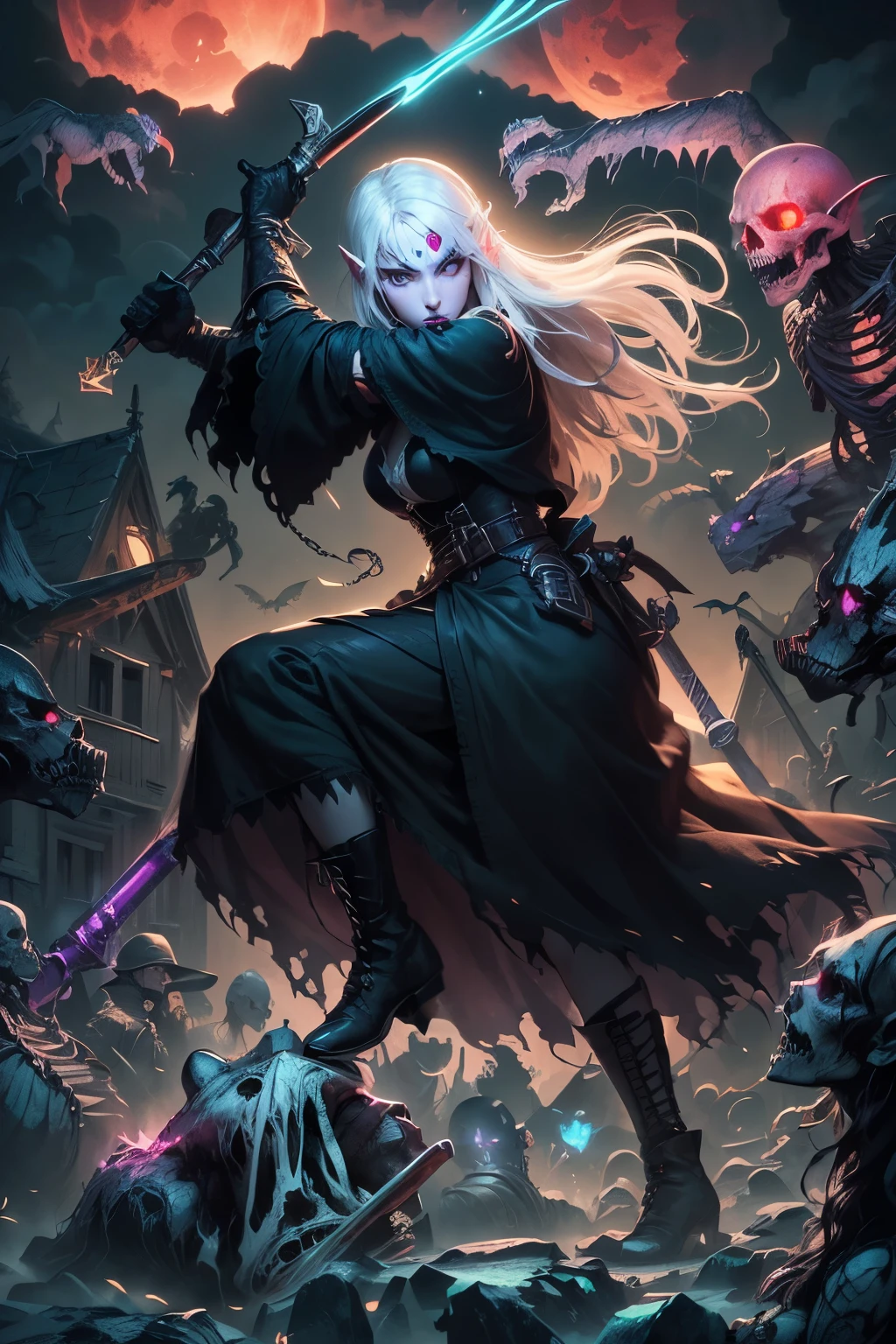 (Ultra-detailed face, Looking Away, Gothic Illustration, Dark Tone Colors.) , BREAK
(The night sky with the red moon shining eerily. A decaying cemetery in an abandoned medieval European village. Black gas drifts in the air. Eerie. Terror.) , BREAK
(In the center of the graveyard, a female dark elf cleric strikes a bold pose and in one large motion, attacks an undead with a silver mace in her hand. Speedline. She is surrounded by zombies, skeleton warriors, ghosts, wraiths, and lichs who are about to attack her.) , BREAK
(A dark elf female cleric wears a Venetian mask, white hair and white eyebrows, crisp bangs, shoulder-length wavy hair, small pink lips, lavender eyes, dark purple skin, and eyeliner.), (She wears a shiny black bib necklace with a net covering her neck. She wears a jet-black, classic medieval European-style lace-up dress made of several layers of cut cloth sewn together. She wears soft leather short boots and taped shins.)