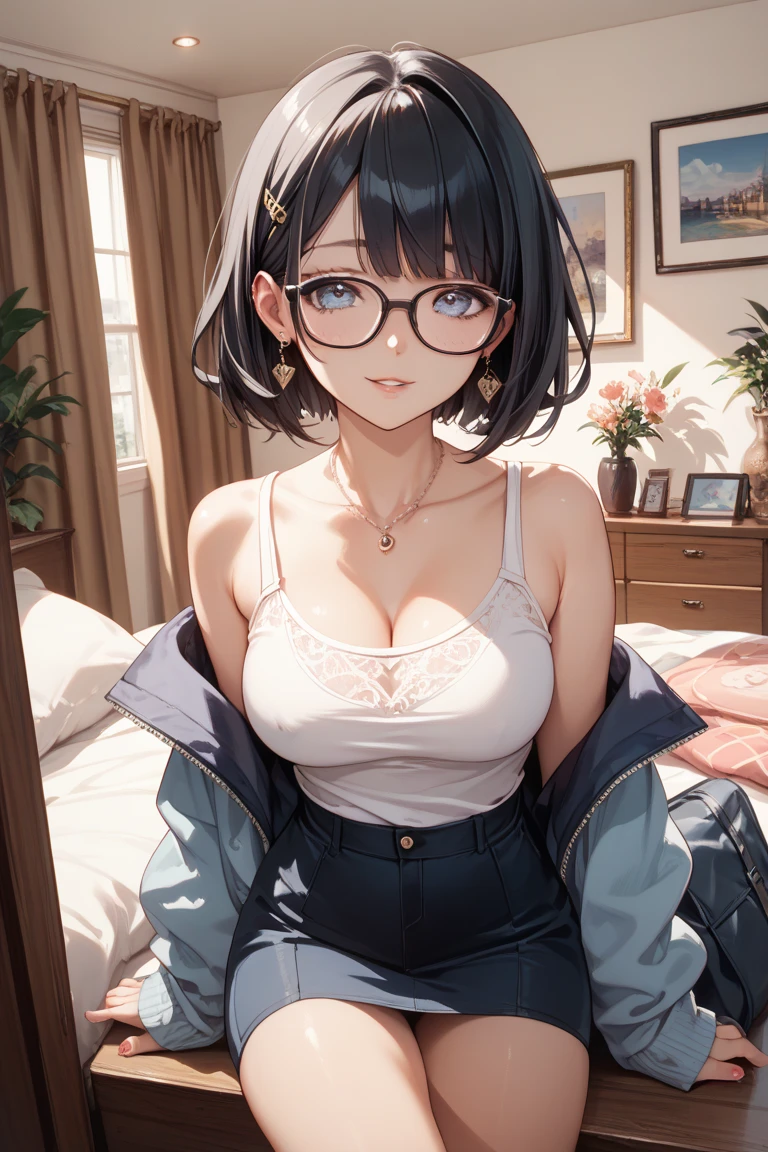 (best quality,4k,8k,highres,masterpiece:1.2),ultra-detailed,(realistic,photorealistic,photo-realistic:1.37), 1girl,rounded glasses,big glasses,beautiful detailed eyes, deep v cleavage, beautiful detailed lips,extremely detailed eyes and face,smiling,looking at the camera,short messy hair,dark-skinned, rounded eyes,cyan blue shirt,black shorts,close up,magazine shot,dynamic pose,studio lighting,vivid colors,portraits
