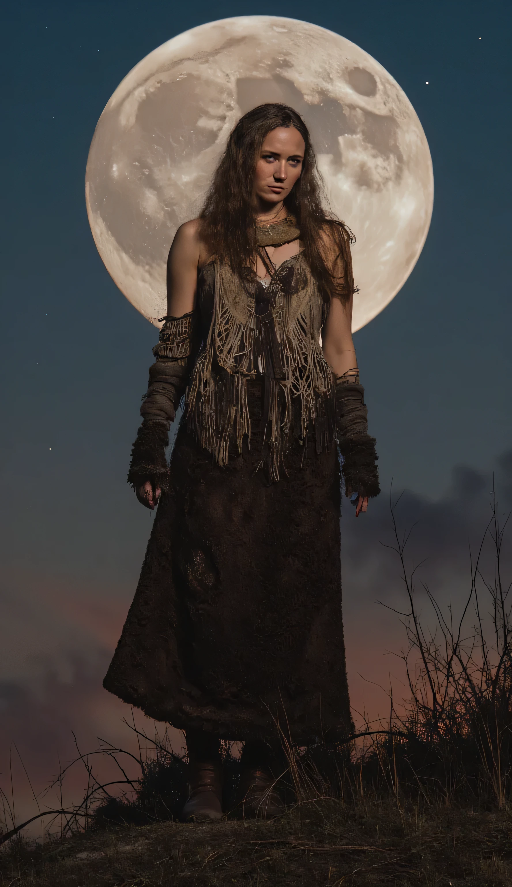 Ultra-real photography of a (Nordic woman), robust, mature, prehistoric, ancient, indomitable, muscular warrior dressed in rustic clothes, Background: Moon in the background, Activity: Hunting shooting stars, Image quality: Realistic photo, Emotional state: Challenging, Energy: High, Size: Large, Structure: Structured, Vibe: Epic, Camera angle: Dynamic angle, Camera angle position: View from below, Lens configuration: 50m lens, Light type: Real defined light source