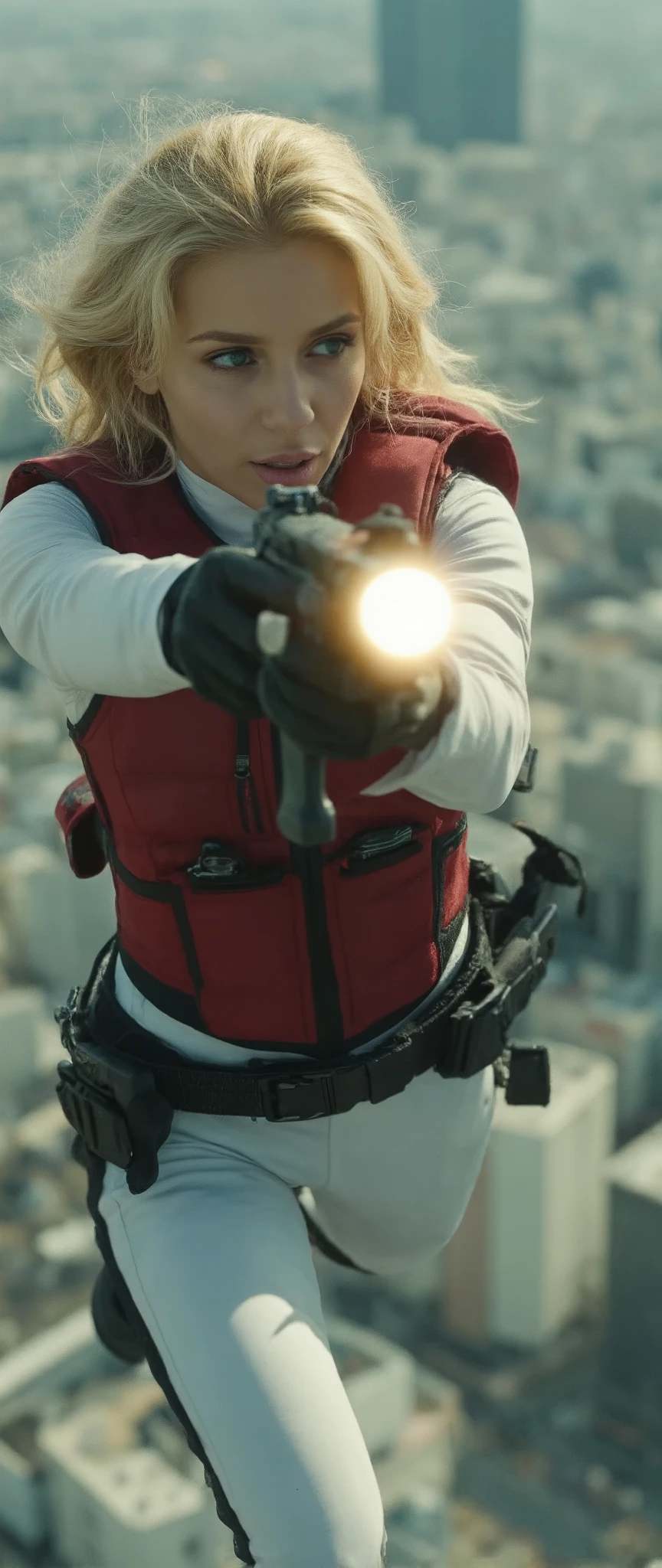 I'm imagining、(masterpiece、 exceptional quality 、 Cinematic images、very detailed、shooting a gun while falling from a building )、shot at a distance、 (best image)、 (one woman:2.0)、 (world view like Ghost in the Shell:2.0)、 (white tactical bodysuit:2.0)、 (heavy red bulletproof vest:2.0)、 (black:2.0)、 (long hair)、 (beautiful eyes)、 (Detailed Faces)、 (detailed drawing of a laser gun held in a woman's hand:2.0)、 (blonde hair)、 (How to shoot her、 Handgun facing us):2.0) (The background is Neo Tokyo)、science and technology development:2.0、(handgun with a laser pointer under the muzzle:2.0)、(pointing a laser at a handgun:2.0)