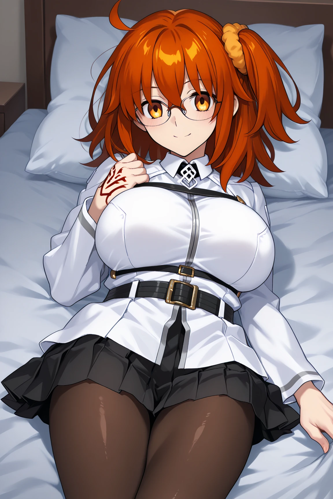 Surtr(Arknights),red hair,peach skin,curvy body, wears comfy pajamas, sitting on a chair,has a pet collar on her neck,nsfw