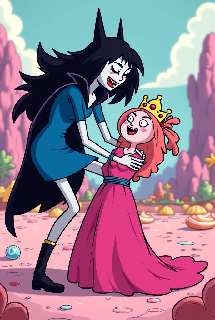 Time Adventure, Princess bubblegum, Marceline, Princess bubblegum & Marceline,2woman, tight breasts:1.1, Broad Hips:1.1,ful dressed rosa, ful dressed, huge breasts1.1, Waist slender:1.1, squatting down,Marceline segurando cock futanari de Princess bubblegum, creampie, public
