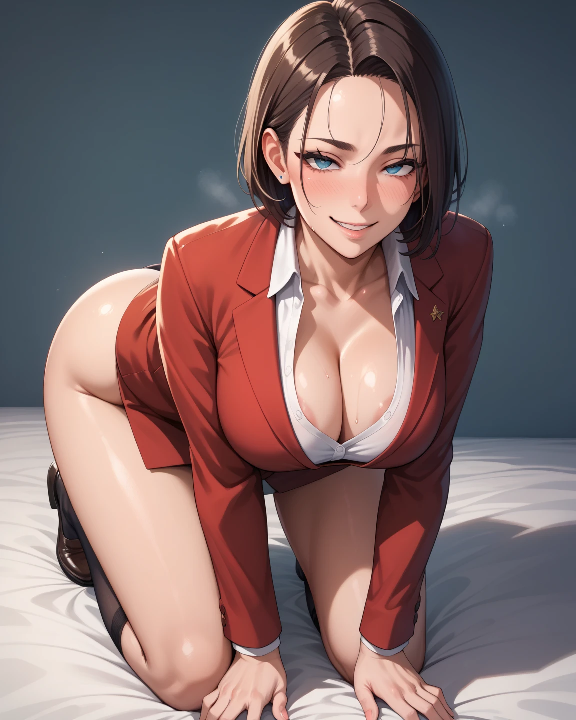 ,  retro artstyle,
MaiKannazuki, 1girl, mature female, solo, standing, hands on own hips,
brown hair, long hair, (single sidelock:1.2),  brown eyes, earrings, red lips, 
red blazer, 
large breasts,
indoors, luxury room, window, mansion, wall,
masterpiece, best quality, highly detailed, breasts, nude,
thighs, spread legs, nipples, parted lips, ,pose , evil smile, smile, (nsfw) not safe for work, lipstick ,
pussy, hold a handgun, bedroom, standing