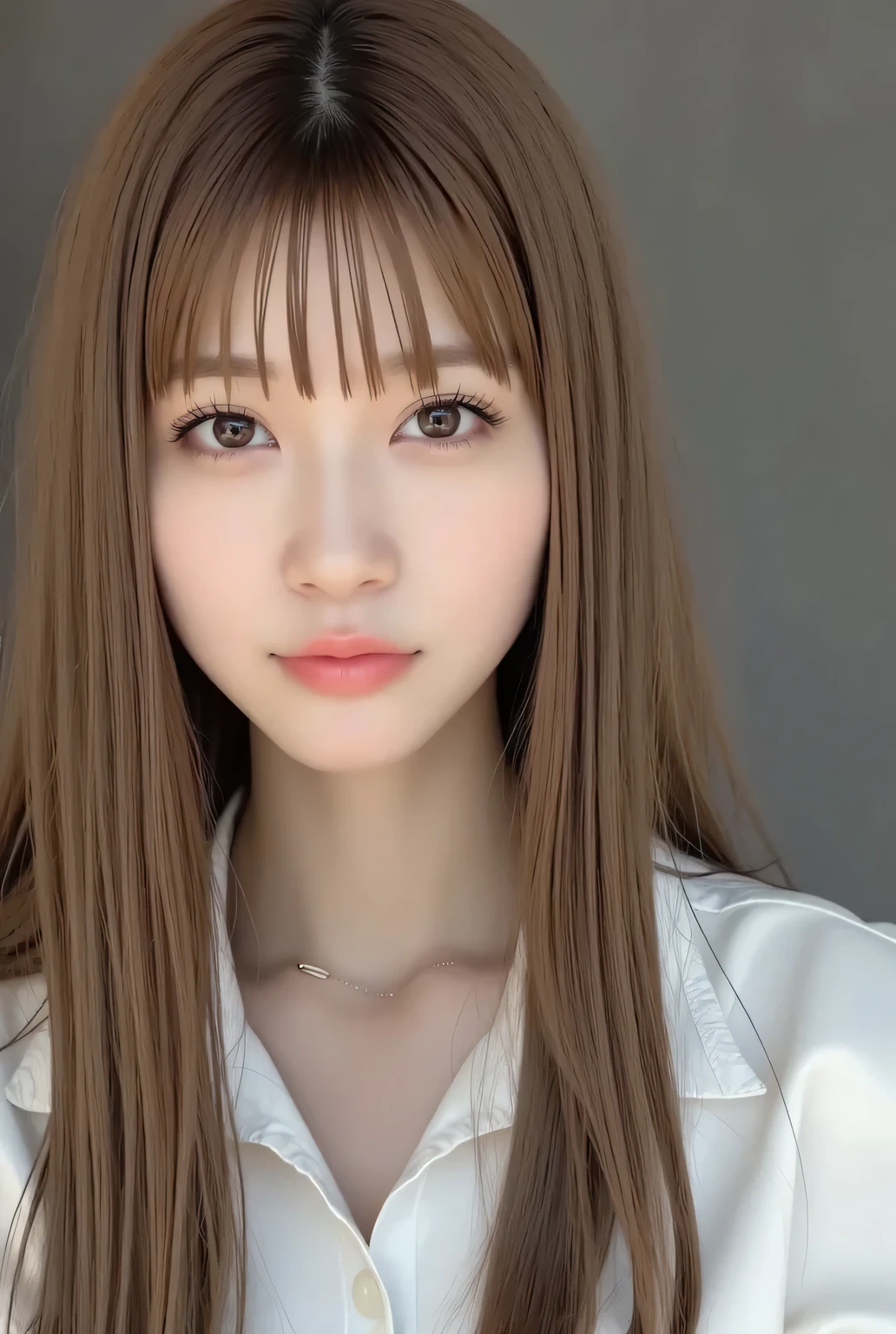 ultra-realistic, photorealistic, best quality, 8K, top-quality, masterpiece, ultra-detail, super high resolution, Improvement of quality, Enhances the beauty of skin texture, Clean and glowing skin, Smoother lighting, Improving the quality of cinema lighting, Backlight, A gentle light for face, 32K, 1girl, solo, Meru Nukumi, small head, perfect female body, Skinny, Slim Waist, large breasts, detailed skin, smooth skin, (fair skin, white skin:0.5), Beautiful Lips, Beautiful Face, (White Collared blouse), High resolution, Natural look, Improves hair quality, Delicate light and shadow, Beautiful Eyes, Sharp details, Soft light reflection, Delicate skin tone, Fine hair texture, beautiful hair, pink cheek, Light Smile, Beautiful and perfect face, perfect anatomy, Kind eyes, (beautiful black eyes, beautiful detailed eyes, detailed eyes:1.2), gray background, meru_nukumi, nukumi_meru_flux_, Upper Body:1.3, Portrait, from front, beautiful detailed face, face focus,