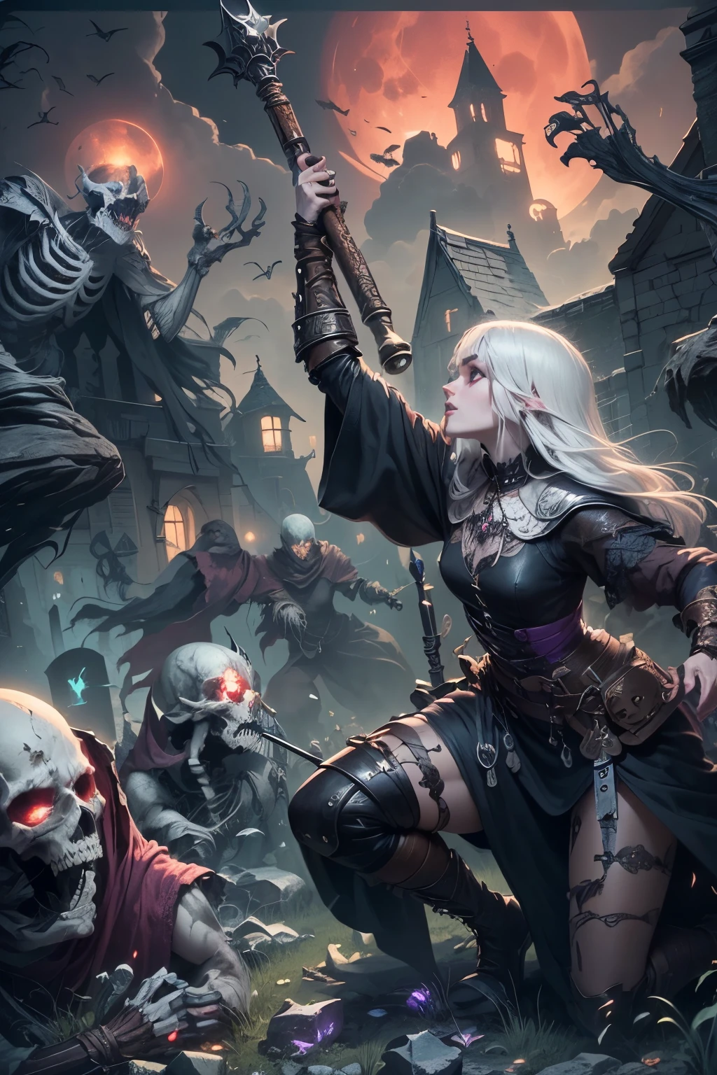 (Ultra-detailed face, Looking Away, Gothic Illustration, Dark Tone Colors.) , BREAK
(The night sky with the red moon shining eerily. A decaying cemetery in an abandoned medieval European village. Black gas drifts in the air. Eerie. Terror.) , BREAK
(In the center of the graveyard, a female dark elf cleric strikes a bold pose and in one large motion, attacks an undead with a silver mace in her hand. Speedline. She is surrounded by zombies, skeleton warriors, ghosts, wraiths, and lichs who are about to attack her.) , BREAK
(A dark elf female cleric wears a Venetian mask, white hair and white eyebrows, crisp bangs, shoulder-length wavy hair, small pink lips, lavender eyes, dark purple skin, and eyeliner.), (She wears a shiny black bib necklace with a net covering her neck. She wears a jet-black, classic medieval European-style lace-up dress made of several layers of cut cloth sewn together. She wears soft leather short boots and taped shins.)