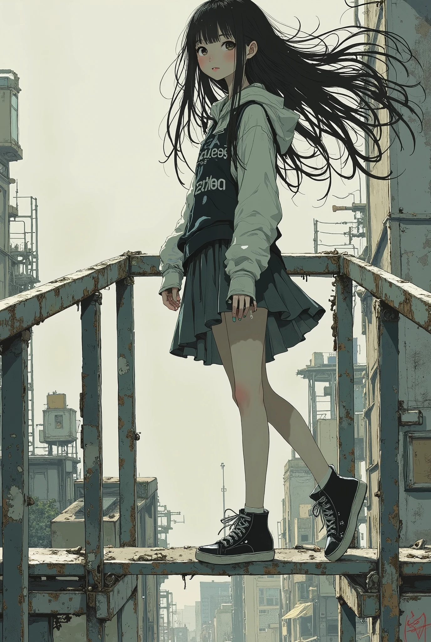 A girl standing in balance on a metal railing ,feet on the railing,Floating legs,handrail under the legs,legs in balance,from below