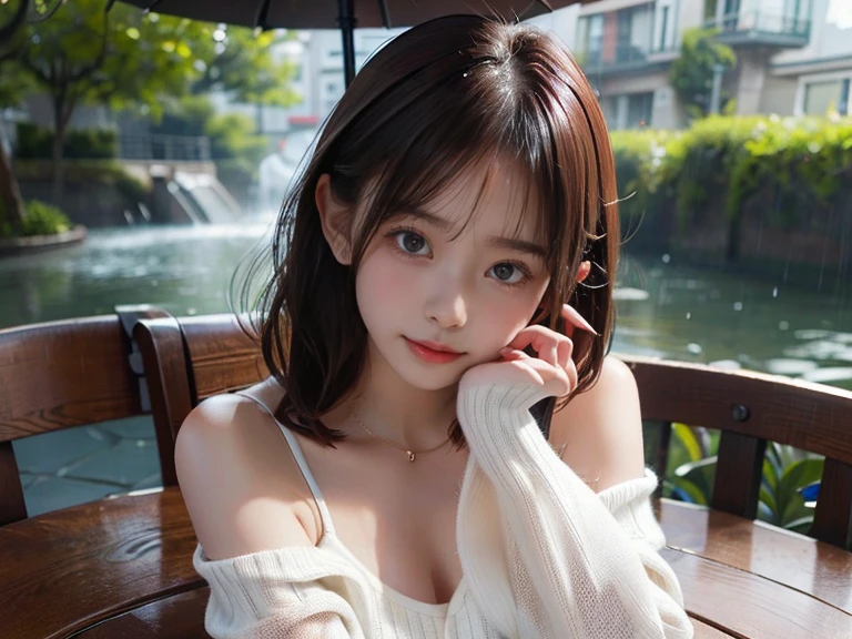 masterpiece、Top image quality:1.2、((beautiful young woman with))、Transparent skin:1.2、{A slight smil}、(kawaii)、Transparent short sleeve knit:1.2、luxury hotel、depth of fields、Sharp Focus:1.5、Fine details