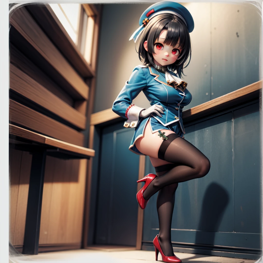 ((best quality)), ((masterpiece)), (detailed), perfect face Flight attendant wearing cap, bowtie, gloves and long sleeve tuxedo leotard squatting barefoot. Painted toenails