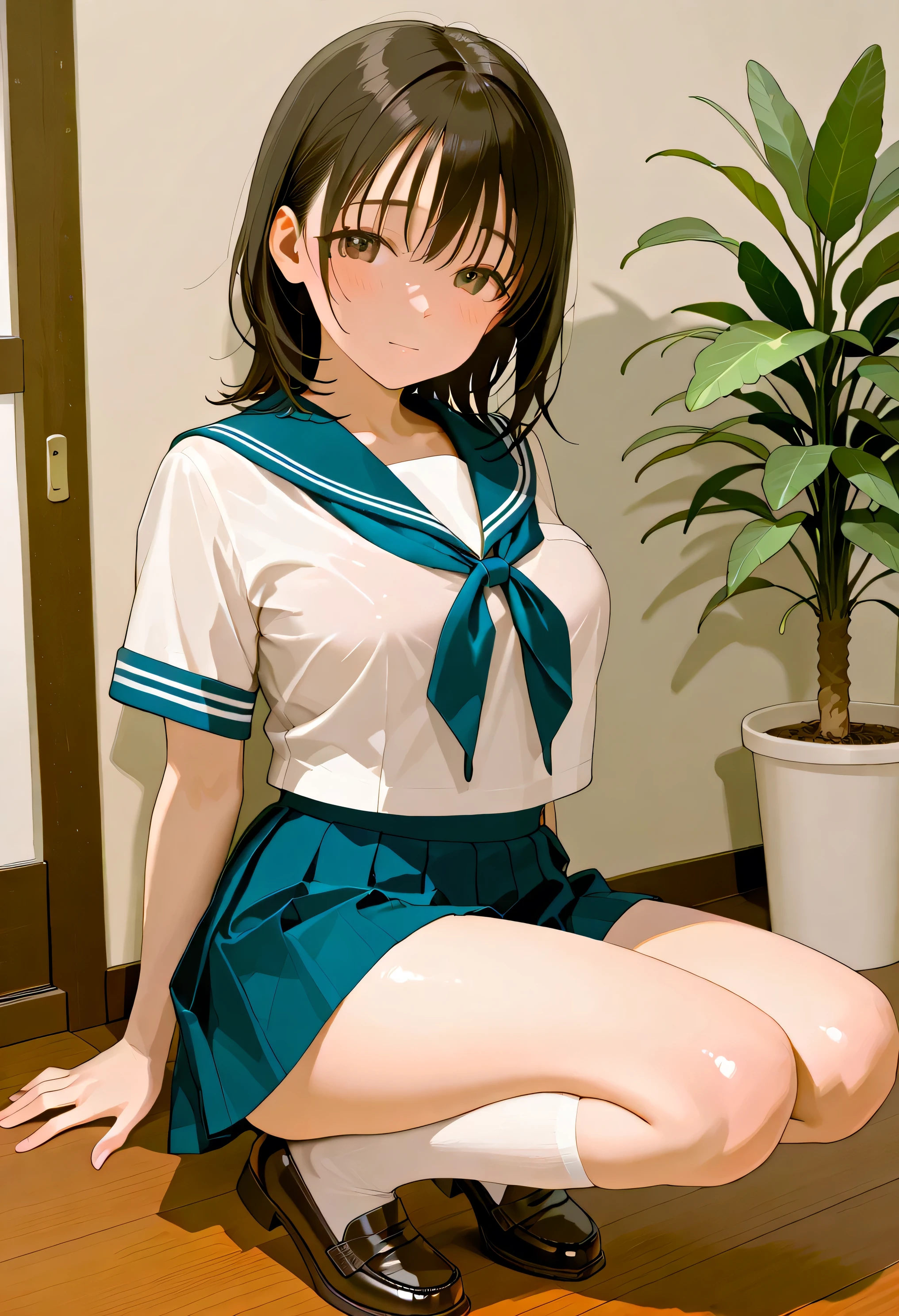 (plant、Masterpiece、Best Quality、high resolution:1.8)、high image quality、Best Quality、High definition picture quality 、one girl、light background、 in the classroom、(Out立っている smile、open your mouth, laughs:1.2)、(curvy body:1.2)、black hair mixed with blond、Short Hair(neckline、Long pile )、unbelievably big huge breasts、sweats、 from yubi、blue-toned sailor suit(Short sleeve、Can you see through bras due to sweat、 skirt long)、white high socks、 coin loafers 、pose