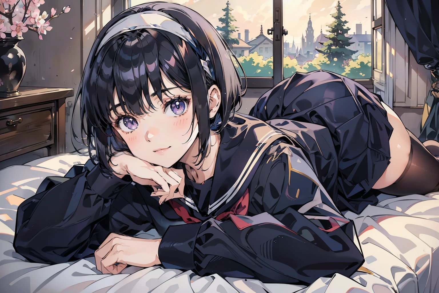 High school girl sleeping on bed、Short bob black hair, brown glasses, vermilion sailor uniform