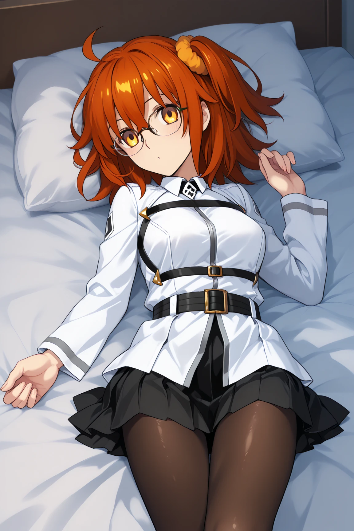 a young woman sitting on the edge of a bed. She has red hair in a high ponytail and wears glasses.. His expression is surprised, with mouth slightly open. Wears a maid uniform with a dark brown or black dress and a white apron. Her legs are crossed and she is wearing white stockings.. One of his dark buckled shoes is partially off.. The room has a wooden floor and a bed with a white quilt