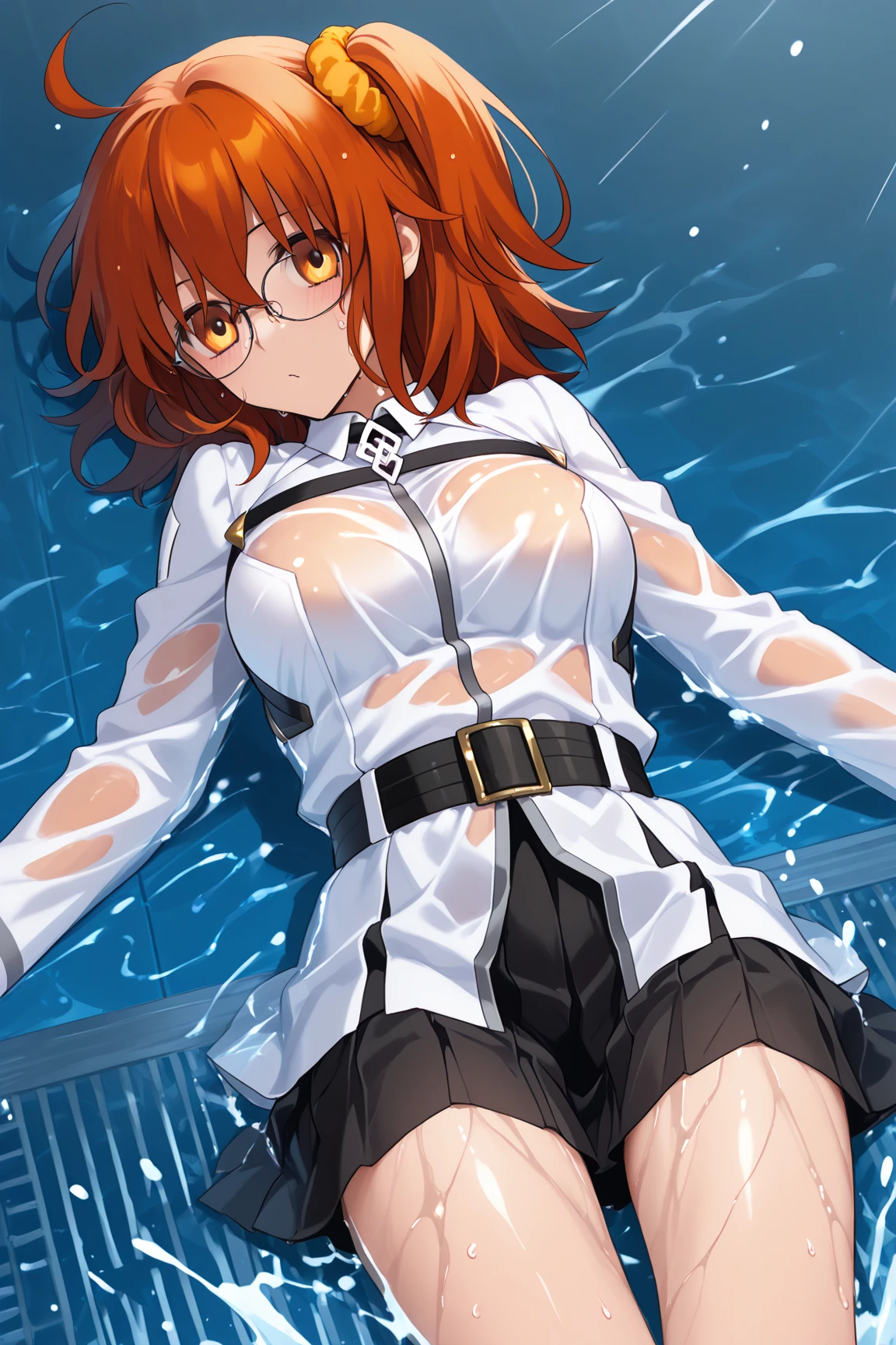 Solo, Delicate Face, Long Eyelashes, (Bob Hair), (Red Eye: 1.3), (Red Hair), Medium Cleavage, Tartan Check, Music Room, Top Angle, Uniform, Light Blue Underwear, Sweat, Thin, Open Mouth Wide, Tongue Out, White yogurt on Breast and Tongue, White Liquid All Over Chest and Tongue, Frontal Shot, Woman with Upper Eyes, collar on neck with lead, glasses, stockings,pool of white liquid on floor --auto