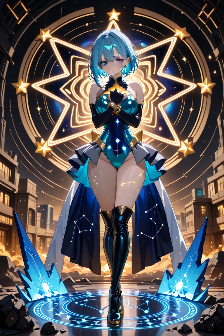 (masterpiece, best quality, high quality, highres:1.4), detailed, extremely detailed, ambient soft lighting, 4K, 1lady, solo, solo focus, beautiful french woman, perfect anatomy, medium breasts, (leotard, purple and blue leotard with white accents, bare legs), (yellow circle (symbol on chest). boots, matching boots, (perfect hands:1.2), gloves, matching gloves, blue hair, medium hair, (hair over one eye:1.3), ahoge, purple eyes, beautiful detailed eyes, beautiful detailed face, full body. (legs straight). standing straight. v-shaped eyebrows, smile, energy ball on hand, outer space backdrop, (power, aura, blue aura), energy pulse, diffraction spikes, light particles, time warp, ripples. full body costume design.