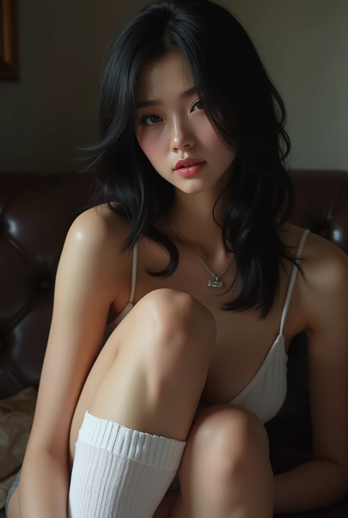 asian female modle, white smooth skin,sitting with arms around leg,wearing only brown pantyhose