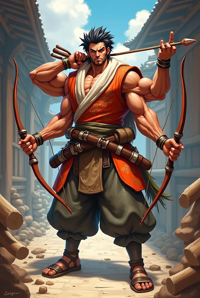 亚洲人，40岁，宋服，has a robust and muscular build, conveying strength and power. His stature is tall and imposing, with broad shoulders and a commanding presence. He exudes an aura of fearlessness and readiness for battle. --auto