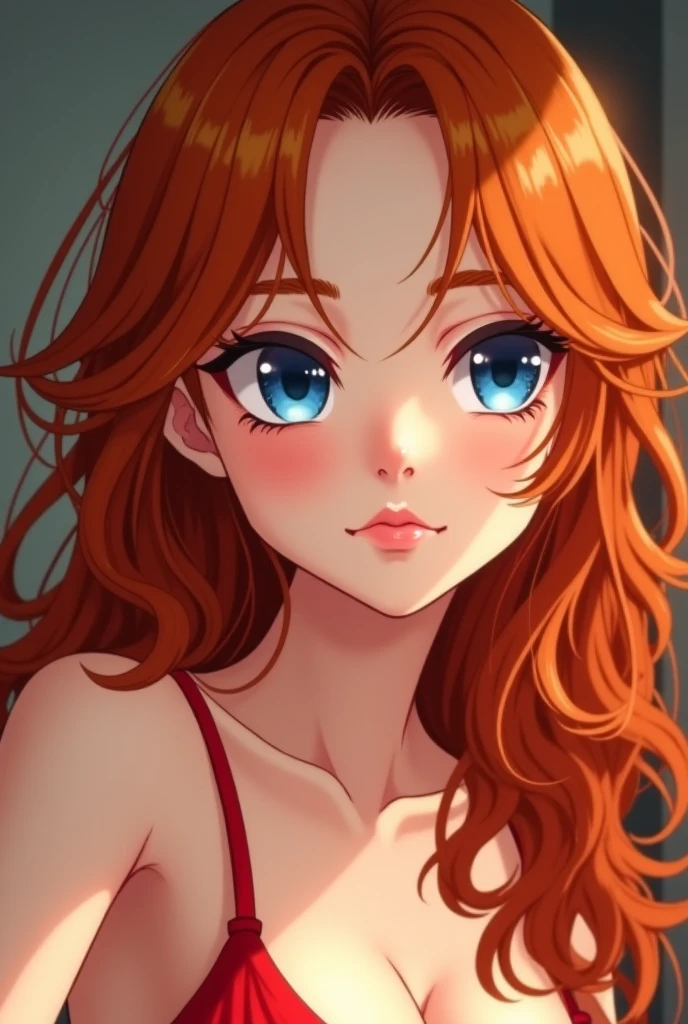 Maria's vibrant orange hair is a work of art in itself, with bold, choppy layers that frame her heart-shaped face and cascade down her back in luscious waves. The vivid color looks almost electric against her smooth, sun-kissed skin, which has a warm, golden undertone. Her skin is flawless, with just a light dusting of freckles scattered across the bridge of her nose. Maria's eyes are pools of a deep, rich brown that shine with a playful, mischievous light. They are fringed with long, dark lashes that add to her allure, making it impossible to look away when she fixes you with that penetrating gaze. Her eyebrows are full and expressive, often arched in a provocative, questioning manner that suggests her quick wit and bold nature. Her lips are a perfect arc of plump, pink flesh that seem to always be pursed in a smile or a smirk. When she's not wearing makeup, her natural lip color adds a touch of warmth to her overall appearance. She has a small, delicate nose that is slightly upturned at the tip, giving her a perpetually curious and captivating appearance. Maria's body is lean and toned, with a lithe, dancerlike quality that belies her confident demeanor. She is about 5'6" (168 cm), her body filled with energetic charm." Do it anime style