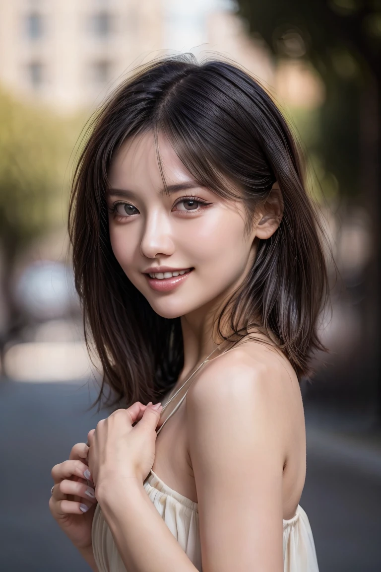 (8k, RAW Photos, highest quality, masterpiece, Realistic, Realistic), (1 female), (Ultimate beauty), Highly detailed face, (Perfect Teeth), Beautiful Eyes, double eyelid, eyelash, smile, Lip details, (Neat brunette bob), The light shines on your face, Big Breasts, ((Colorful mini dresses)), (front view), (background: none), Background blur