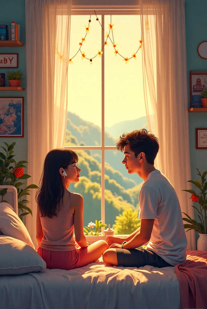 Create a landscape image featuring a character of one girl and one boy that can in love and both in cozy room with warm lighting. The room should have such elements such as books, desk, table lamp, etc. Window showing either a cityscape or nature.