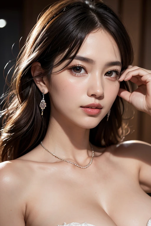 ((best qualtiy,8K,tmasterpiece:1.3)),Beautiful woman,1girll, Solo, Realistic, Blurry, Lips, Black hair, (Closed mouth:1.1),Super detailed face,Detailed lips,Detailed eyes,二重まぶた, (Realistic, photo-realistic:1.37), Ultra-detailed,Beautiful detailed sky, , (nose blush), huge tit,Full breasts