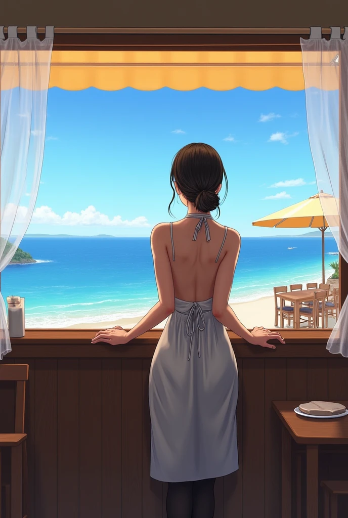 masterpiece、high resolution 8k、NSFW、sharp focus、contrast lighting、A cozy beach bar with a menu board, 1 girl, sitting on wooden stools, and a surfboard on the wall. A doorway leads to a sandy beach with a clear blue sky and a palm tree.
