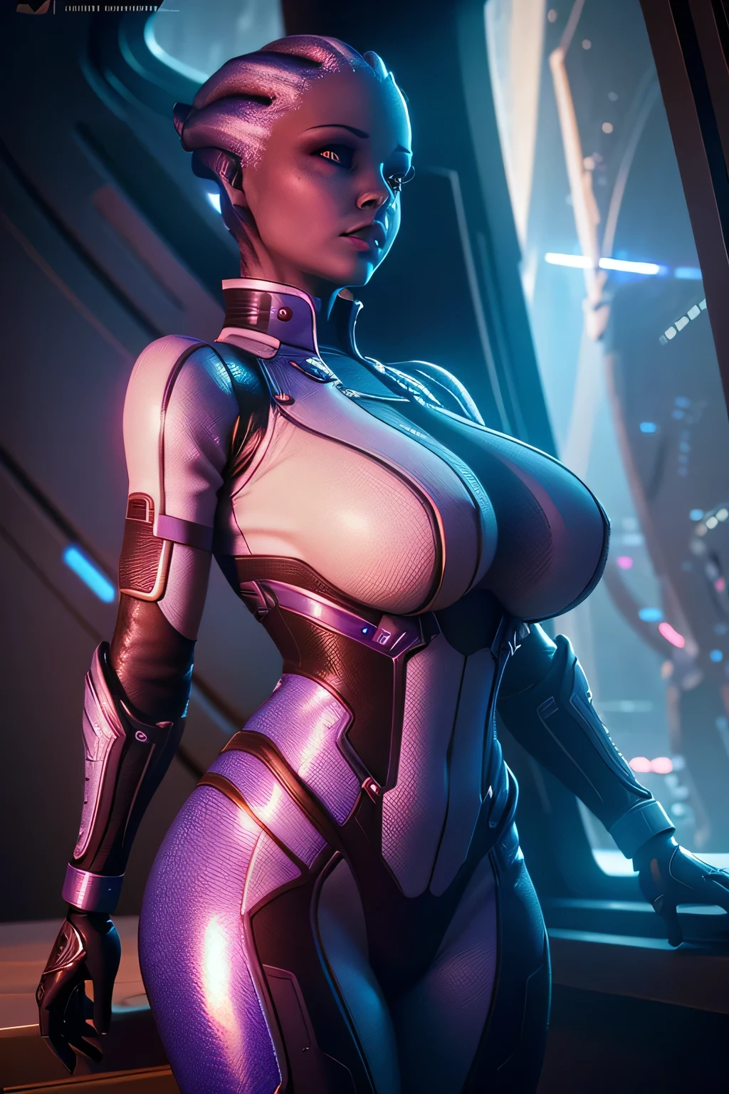 liara, asari, woman wearing futuristic suit in spaceship, facing camera, 24mm, 4k textures, soft cinematic light, adobe lightroom, photolab, hdr, intricate, elegant, highly detailed, sharp focus, ((((cinematic look)))), soothing tones, insane details, intricate details, hyperdetailed, low contrast, soft cinematic light, dim colors, exposure blend, hdr, faded, 