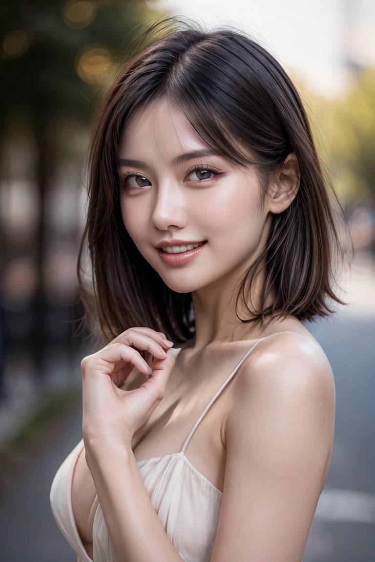 ((Best Quality, 8k, Masterpiece: 1.3)), Focus: 1.2, Perfect Body Beauty: 1.4, Buttocks: 1.2, ((Layered Haircut)), (Casual Clothes: 1.1), (Street:1.3), (Small Breasts: 1.2), Bare Shoulders, Highly Detailed Face and Skin Texture, Fine Eyes, Double Eyelids, Whitened Skin, Various Hair Style, (Bokeh Background: 1.5), Small Breasts, Extremely Thin Waist