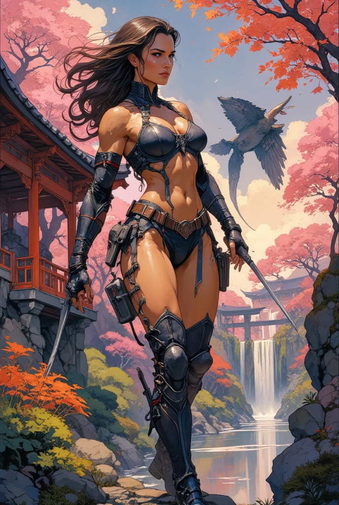 woman, samurai, red samurai sword, full body, large breasts, wide hip, thin waist, full breasts, detailed, very detailed, tattoos by the body, best quality, black hair, channel cut, green and white samurai armor, hand on sword, hand on hip, slightly open legs, fighting position, green locks in hair, cheerful lighting, blurred background, japanese city, market, whole body,  futuristic setting, biomechanical armor, detail on sword handle, sculptural silhouette, yummy, hentai, anime style, hentai style, naughty face,