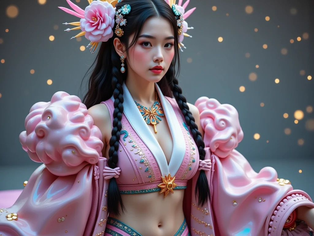 Full body 32K(tmasterpiece,k hd,hyper HD,32K) street, tee shirt, jeans overalls, 1980s, Retro, Long wavy brunette with ponytail, (Masterpiece), (Extremely detailed Cg Unity 8K wallpaper), Intricate, ((Photorealistic)),,(abstract ink splash:1.2)Flowing rouge,ponds,zydink, a color, Asian people (faeries), (Silk scarf), Combat posture, looking at the ground, Large rolls of rouge, Flowing rouge curls,Red onyx emerald emerald headdress, Chinese long-sleeved black gold garment, (abstract ink splash:1.2), Pink lotus background,Water lily flower protector(realisticlying:1.4),Rouge hair,Autumn is in full swing,The background is pure, A high resolution, the detail, RAW photogr, Sharp Re, Nikon D850 Film Stock Photo by Jefferies Lee 4 Kodak Portra 400 Camera F1.6 shots, Rich colors, ultra-realistic vivid textures, Dramatic lighting, Unreal Engine Art Station Trend, cinestir 800,Large curls,Flowing rouge