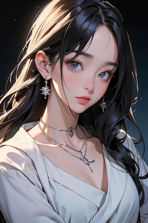 ((Close-up of a woman with tattoos on her chest)), girl, Short white hair with bangs, Black strands of hair, Purple eyes, White T-shirt and white cape, Pendant around the neck. 超High resolution.Photorealistic. 超High resolution.Photorealistic:1.4,超High resolution. Realistic,High resolutionで, masterpiece, Highest quality, Very detailed, Better Shadows, Volumetric lighting), super high quality, High resolution, 8k, Ultra-Realistic Portraits , Photorealistic, Dynamic Lighting, Volumetric lighting, Very detailed顔,(NSFW:0.9),Large Breasts