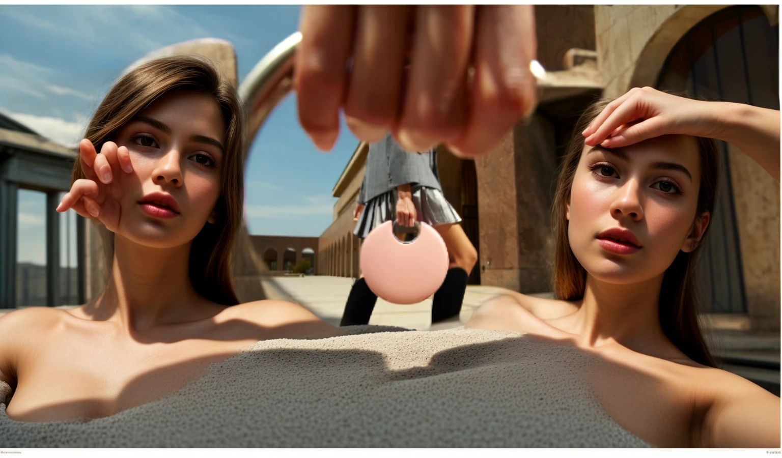 NSFW, A girl leaning her back against your chest, the viewer., top to bottom from above view, head back looking up from behind view, ((upside down from above, A bird's eye view of the entire girl)), on the train, back, buttocks, viewer's own abdomen and penis, sex, open legs upright straddle viewer's abdomen, standing girl for Back style sex Rape, Runs very smoothly, (Masterpiece, Super realistic, Super details, Super Highest Quality, Super Highest Quality), super cute and beautiful girl, You are male professional photographer, Japanese gal, For dark brown eyes, Blonde yellow hair, Pink ribbon, gal make-up, False eyelashes, Pearl pink lips, Unbuttoned out Hemmed sailor red open collared open front white shirt, (Very thin shirt:1.3), beautiful side face focus, big open mouth, (brown eyes:1.4), big round chest, BREAK, (Half down two side up blonde very long hair style:1.4), (Wider at the hem flabby large in size Super Loose Socks:1.4), An innocent -yeld gi (skin fang:1.2), realistic cute Japanese girl, standing pose, wear white unbuttoned shirt, low-rise pleated plaid micro mini skirt, Japanese cute girls, long hair, blonde hair, two side up, hair ribbon, pink ribbon, frills, opened sailor collar, necktie, white shirt, long sleeves, red skirt, from below POV, (shirt trimmed with white frills:1.4),