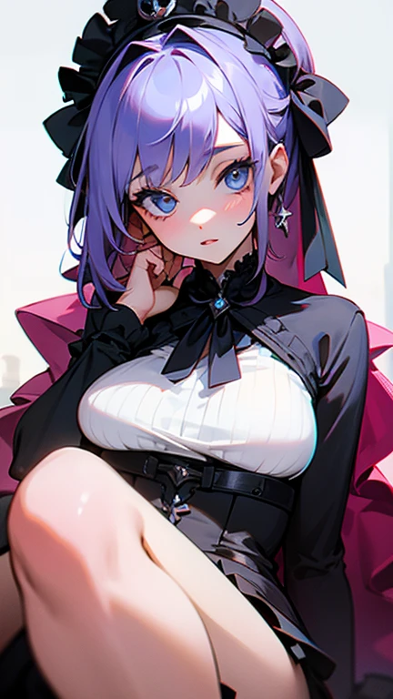 Minna has fair skin with curly, waist-length light purple hair and evenly parted bangs. Her curved eyes are baby blue, and she has peach lips. She wears a fluffy black sheep hat.
Her undergarments are composed of dark purple underwear and a black top with a white bow on each strap to accent the ribbon at the middle, along with a trim of fishnet on top and purple mesh on the bottom. Casually, she wears a black T-shirt with misunderstood written in white, and blue denim short-shorts with fringed leg holes and white buttons at the waist and pockets. Around her waist is a red checkered jacket with white gradient nearing the bottom of each sleeve and the torso. She also wears black fishnet stockings with black platform shoes depicting the union jack on the sides. SPARKLE; GLITTER